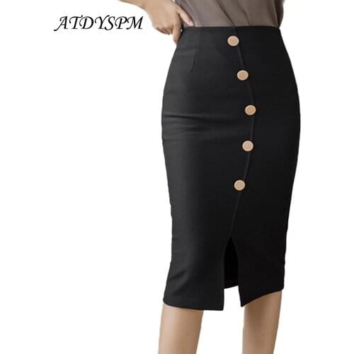 Elegant Women Skirts Simple High Waist Package Hip Skirt With Buttons Stretch Split Office Lady Midi Pencil Skirts Size S-5XL