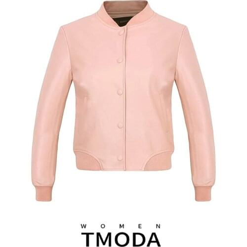 TMODA255 2021 Women Casual Faux Leather Short Jackets Lady Pink Bomber Jacket Letter Printed Single Breasted Coat With Pocket