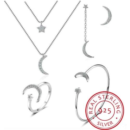 925 Sterling Silver Jewelry Sets Zirconia Moon Star Necklace+Earrings+Ring+Bracelet For Women Wedding Jewelry Bijoux