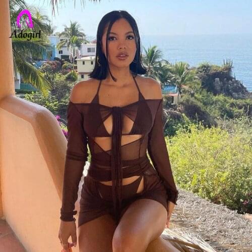 Off Shoulder Women Mini Dress Halter Hollow Out Mesh Sheer Active Outfits Summer Sexy Club Party See Through Bandage Vestidos