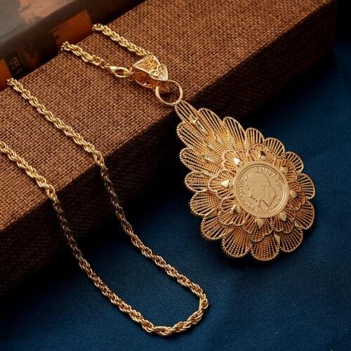 Arabesque Gold Pendant Necklace with Long Slid Chain Napoleon Figure Coin Pendants Arabic French Traditional Wedding Jewelry