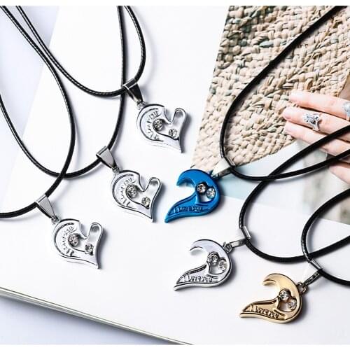 2PCS Valentines Day Heart Couple Pair Pendant Necklaces for Women Fashion Cute Romantic Crystal Rope Chain Necklace Jewelry
