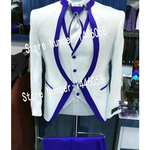 2019 White Royal Blue Satin Clothing For Men Suit Set Mens Wedding Suits Costume Groom Tuxedo Formal Prom Suit(Jacket+pants+vest