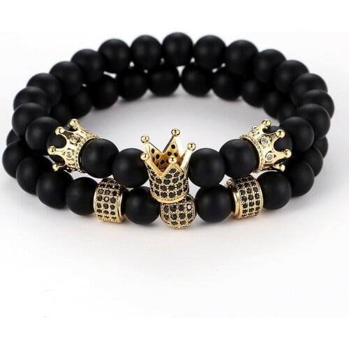 2021 Jewelry for Men Women Couples Beaded Bracelets Natural Stone DIY Micro Zirconia King Crown Shaped Charms Bracelet Set Gift