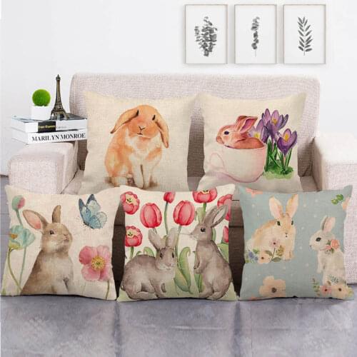 Watercolor Painting Style Easter Day Bunny Faux Linen No Innor 45*45cm Cushion Cover for Home Decor Throw Pillow Cover 1/2Pcs