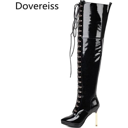 Dovereiss Fashion Womens Shoes Winter Pointed Toe Zipper new Pure color Cross tied clear heels boots Stilettos heels 32-43