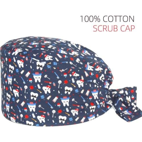 Unisex Surgicals Cap Adjustable Bouffant Cartoon Teeth Print Scrub Hat Beauty Salon Dentist Men Working Scrubs Caps Long Hair