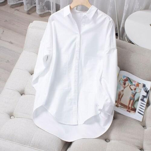 Cotton 100% White Women Shirts Summer New 2021 Turn-Down Collar Long-Sleeved Elegant Office Lady Outwear Tops