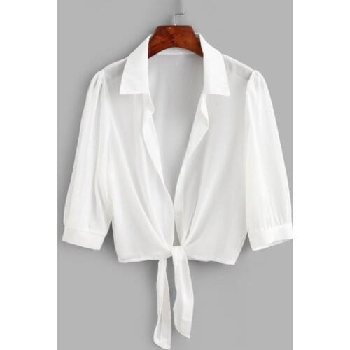 ZAFUL Tie Hem Semi Sheer Crop Cover Up Top