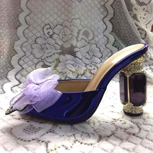 Summer Mesh Bowtie Gemsone Pillar Heels Slipper Ladies Sweet Crystal Studs Butterfly Knot Rhinestone High Heel Slide Sandals