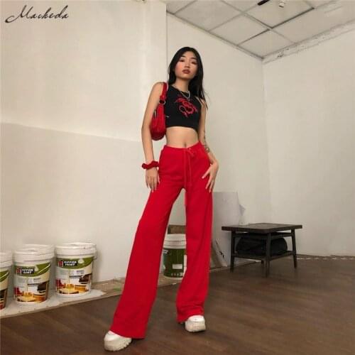 Macheda Women Casual Loose Flare Pants Red Mid Waist Elastic Trousers Lady Fashion Spring Autumn Streetwear Full Length 2019
