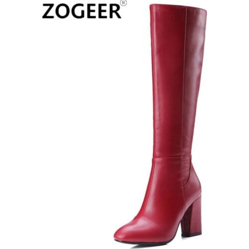 Fashion Winter Knee High Boots Women Top Quality PU Leather High Heel Long Boots Women Block High Heel Zipper Ladies Shoes Red