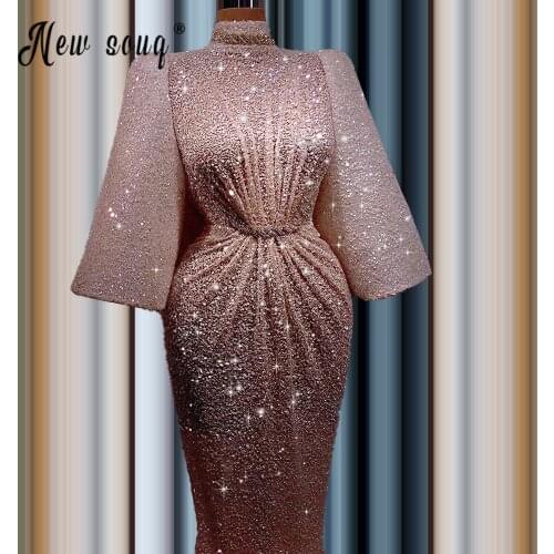 Muslim Sparkly Beading High Neck Evening Dress Crystals Beaded Mermaid Evening Gowns Dubai vestido de festa For Party
