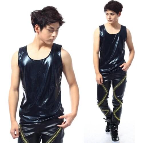 Summer style personality slim male leather vest men punk rock costumes singer dance stage fashion street european round collar