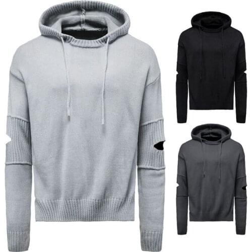 2020 Gothic Men Autumn Winter Long Sleeve Sweater Hooded Knitwear Classic Solid Loose Round Neck Ripped Hooded Male Sweater