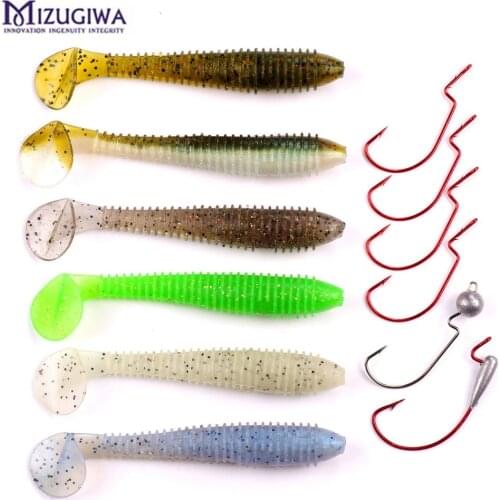 Mizugiwa 12pcs/set Worm Hooks Kit Fishing Soft Lure Baits Bass Jighead Hook Swing Impact Shiner Shad Tail