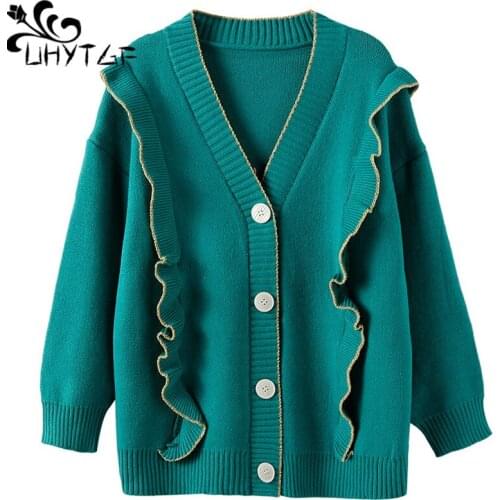 UHYTGF New autumn sweater women fashion Gold silk ear Knitted sweaters Cardigan female Single-breasted elegant sweater coat 763