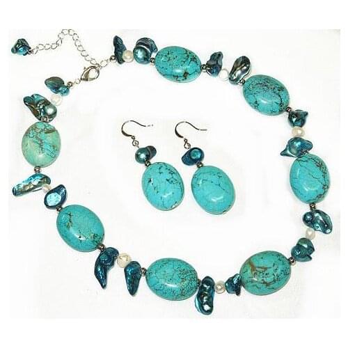 New Classic Genuine Natural Turquoise Baroque Freshwater Pearl Necklace Earrings Hadmade Fine Jewelry Set Charming Women Gift