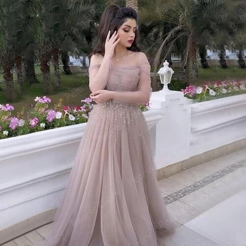 Handmade Beading Prom Dresses 2021 Long Sleeves A-Line Graduation School Party Gowns Vestido De Festa Arabic Dubai Prom Dress