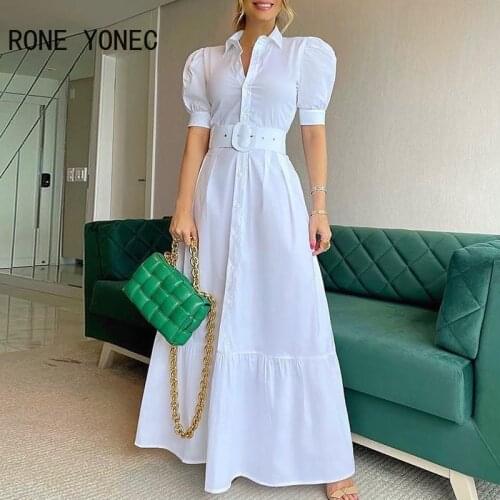 Women Elegant Dress Plain Puff Sleeve Buttoned Shirt Dress Casual Maxi Dress Vacation Dress 2021