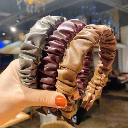 Fashion Vintage Color PU Leather Pleated Headband For Women Bands Hair Retro Girl Female Elastic Hair Accessories Headwear H4F9
