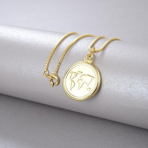Tide Brand Simple Personality Design Retro Luxury World Map Ginger Round Gold Coin Pendant S925 Silver Necklace 18k Gold Plating