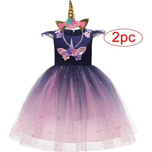 Girl Christmas cartoon horn applique gradient color cute star net gauze knee-length dress princess dress prom dress party dress