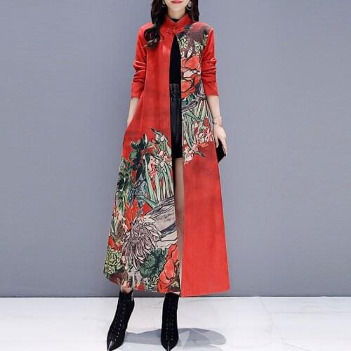 2018 Fall Spring Women Red Grey Floral Print Long Suede Trench Coats , Womens Clothes Mandarin Collar Flower Loose Coats