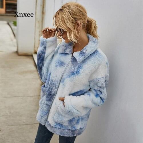 Tie dye print winter coat Women Lamb Fur fall Turn Down Collar Zipper Pockets Casual Outerwear Fleece Jacket for Female tops