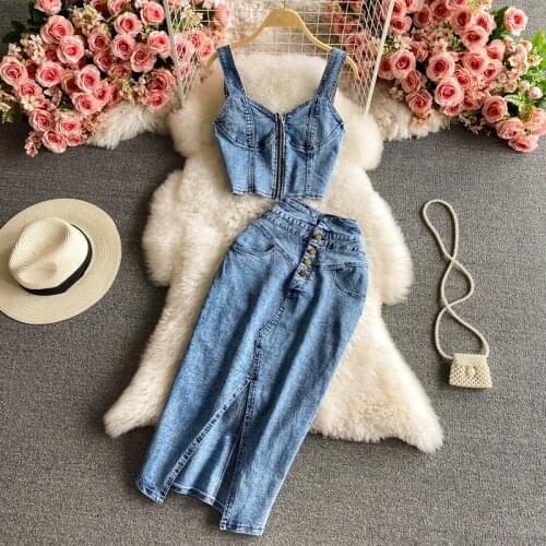 Women Summer Denim Suit Denim Vest + Skirts Sets Straps Tops Buttons Denim Skirt Suits For Woman Fashion Suit