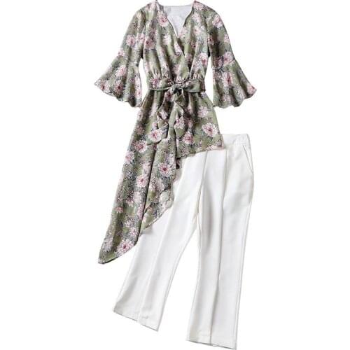 V Neck Sex 2 Piece Set Women New 2020 Summer Floral Printted Jacket Womens White Calf-Length Pants Female Suits Outwear LX1853