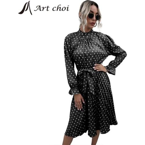 Spring Autumn Women Elegant Dress Spot Midi Pleated Polka Dots Skirt Boho Beach Belt Sashes Slim Long Sleeve Party A-line Ruffle