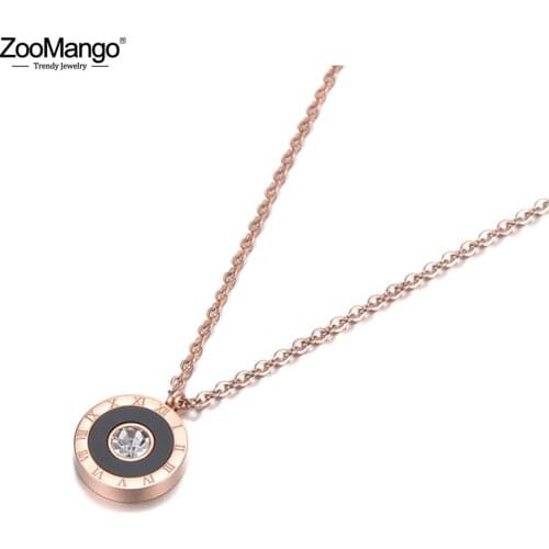 ZooMango Classic Black Acrylic Circle Roman Numeral Pendant Necklaces For Women Titanium Steel Wedding Necklace Jewelry ZN19106