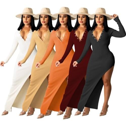 Casaul Women Dress Split Out Knit Ribbed Backless Solid Color Split Out Long Dress For Women Vestidos