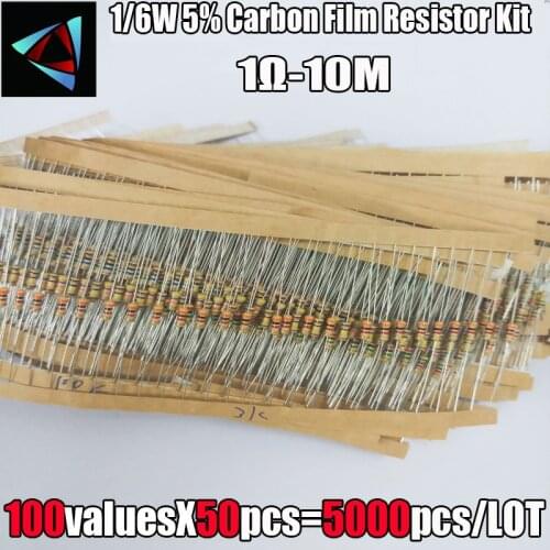 1/6W 5% 1R~1M 100valuesx50pcs=5000pcs Carbon Film Resistor Assorted Kit