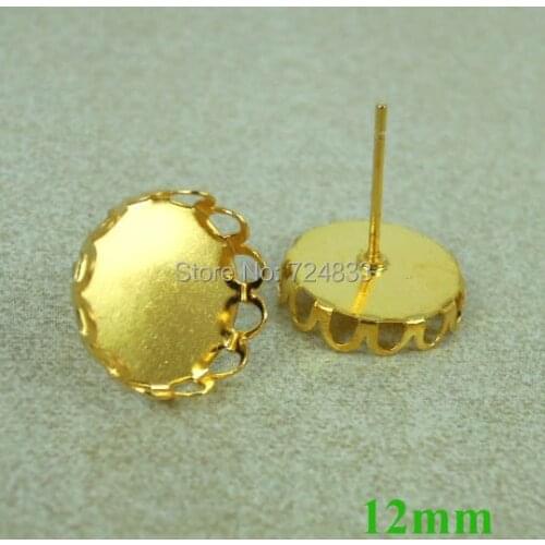 10pcs Gold Color Stud Earring Post Base 12mm Glass Cameo Cabochon Bezel Settings DIY Post Pin Earrings Findings Brincos