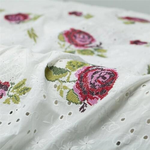 Double embroidery rose pattern hollow pure cotton fabric, white and navy, sewing for dress, skirt, curtain, craft by the yard