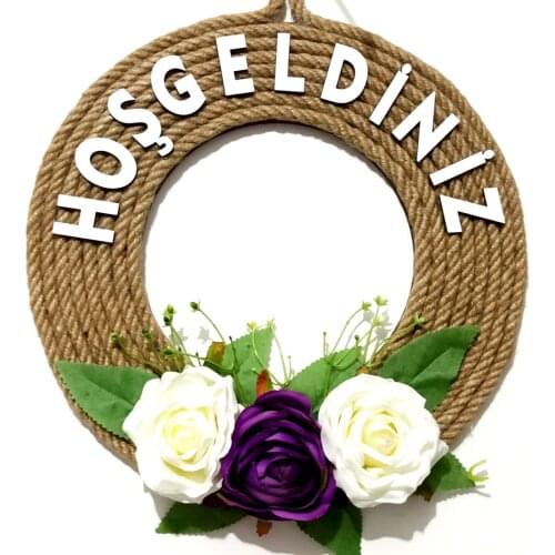 Jute Yarn 'Hoşgeldiniz' Written, Flower Decorated Wall and Door Decoration