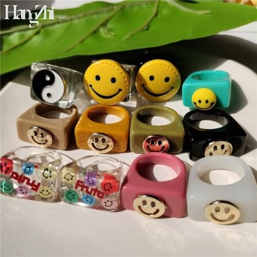 HangZhi 2021 Korean Trendy Colorful Smiley Face Letters Yin Yang Taichi Square Chunky Resin Rings for Women Party Jewelry Gifts