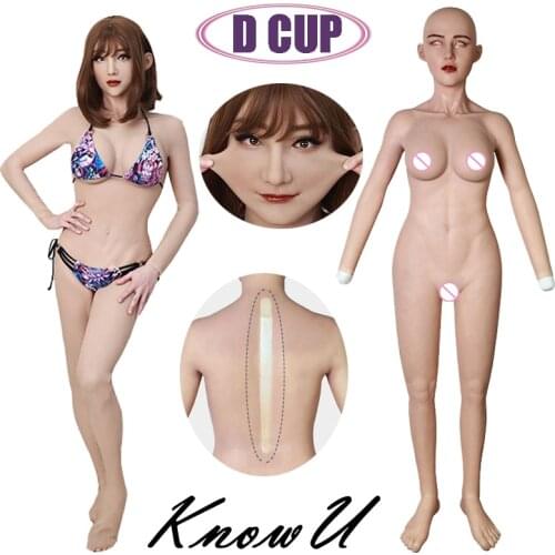 KnowU Shemale D Cup Full Bodysuit Breast Forms Open Back with Head Foot Penetrable Vagina Urinate Tube May Femalemask Fake Boobs