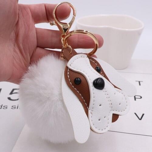 Cute Dog Keychains with PU Leather and 8cm Rex Rabbit Fur Ball Gold Plated Rings Jewelry for Men or Women