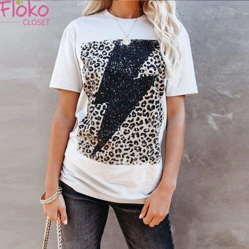 Flokocloset Summer Leopard Print Short Sleeve O-neck T-shirt Casual Lightning Graphic Women Oversized Tops Tees
