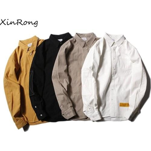 Mens new spring Japanese retro pure color washed old casual long-sleeved male student shirt trend loose and comfortable shirt