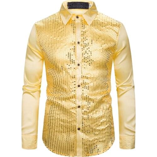 2019 Men Red gold Shiny Sequins design nightclub stage Singer dancer Long Sleeve Shirt Slim wedding Dress Shirt Chemise Homme