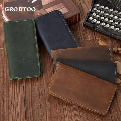GROJITOO Men Leather Wallet Crazy Horse Leather Business Multi Card Holder Bag Fashion Long Wallet Large Capacity Men PURSE