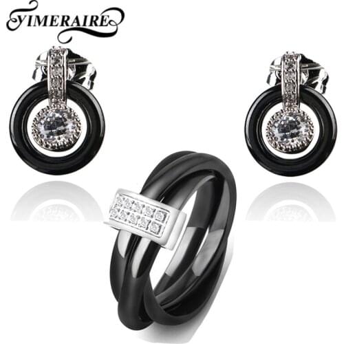 Smooth Black White Ceramic Jewelry Set 3 Circle Rings And Hollow Round Stud Earrings For Women Girl Fashion Engagement Jewelry