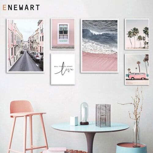Landscape Canvas Poster Nordic Decoration Pink House Bus Beach Wall Art Tropical Tree Print Painting Picture Modern Home Decor