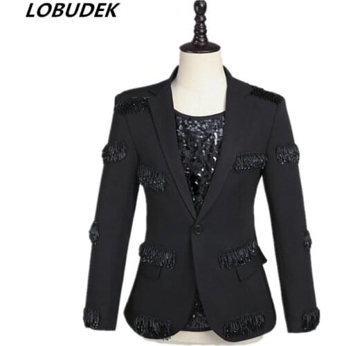 Korean Style Black Beading Fringe Blazer Dancer Host Magician Suit Jacket Male Dancer Groups Stage Performance Casual Coat