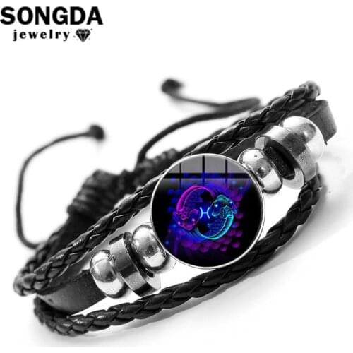SONGDA Classic 12 Constellation Zodiac Sign Bracelet Glass Dome Metal Snap Button Charm Black Multilayer Woven Leather Bracelet