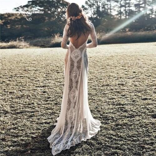 Boho Wedding Dresses 2021 Long Sleeve Lace Appliques Chiffon Sheath Bohemian Bridal Gowns Beach Bride Dress Vestido De Noiva